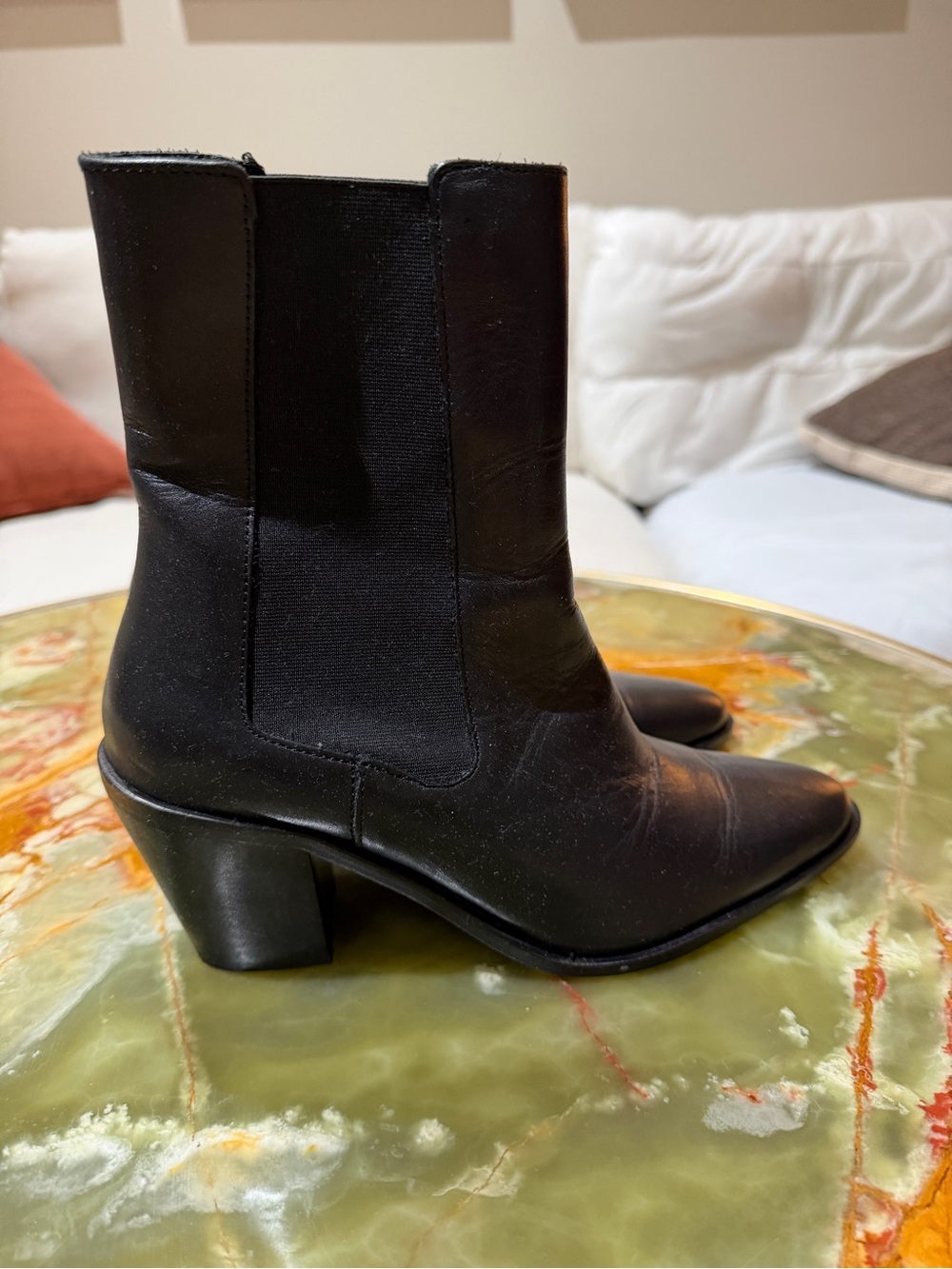 Zara Black Leather Ankle Chelsea Boots with Block Heel Sz 38